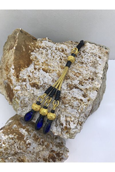 KAZZAZE Combinație neagră aurită, piatră de cristal albastră, ciucuri de rugăciune triplu argintiu
