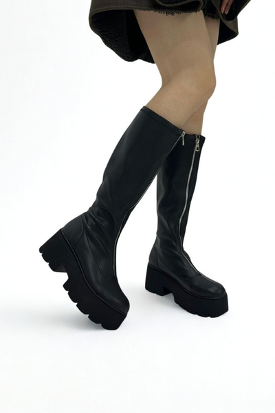 inizio Black Leather Stretch Women's Boots P9030