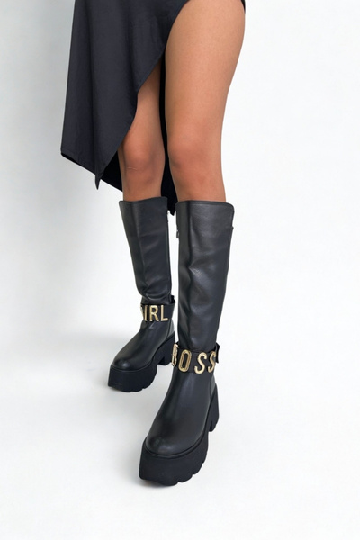 inizio Black Thick Sole Buckle Women's Boots P1321