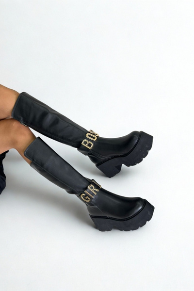 inizio Black Thick Sole Buckle Women's Boots P1321