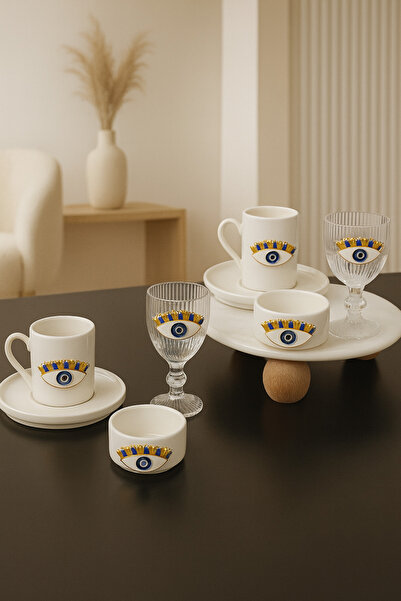 YzHome 2 Kişilik Porselen Nazar Göz Fincan Takımı Seti ve 2 Adet Porselen Lokumluk ve 2 Adet Cam Bardak