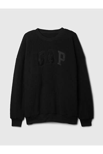 GAP Kadın Siyah Logo Oversize Sherpa Kalpli Sweatshirt
