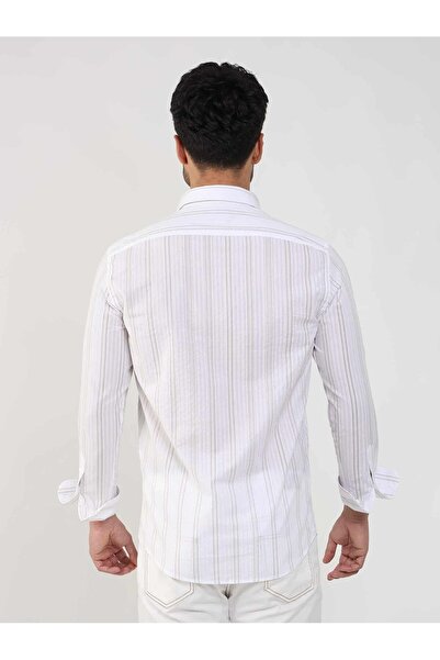 Dufy Bej Erkek Slim Fit Çizgili Düğmeli Yaka Uzun Kol Gömlek