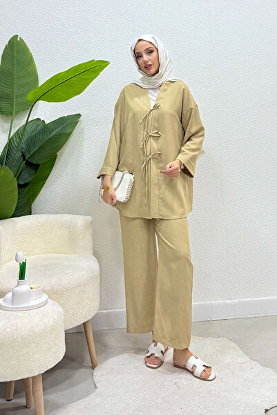Tesettür Diyarı Vanila Bağlamalı Kimono Takım- Bej