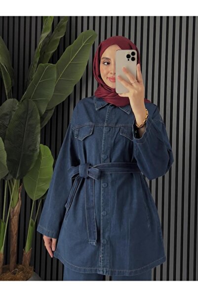 Sara Deluxe طقم دنيم نسائي محتشم مع حزام للخصر