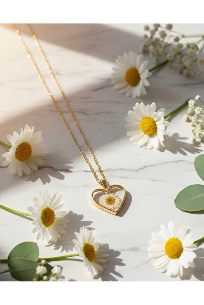 Elzem Gold Çelik çerçeveli preslenmiş beyaz papatya epoksi kolye