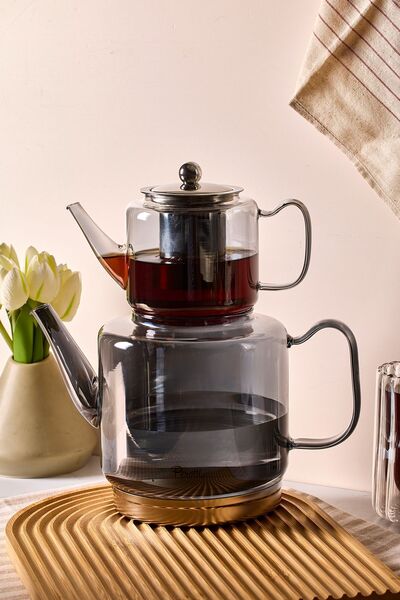 Perotti طقم إبريق شاي من زجاج البورسليكات بقاعدة حث مدخنة من إليو، إبريق شاي 500 مل، إبريق شاي 1800 مل