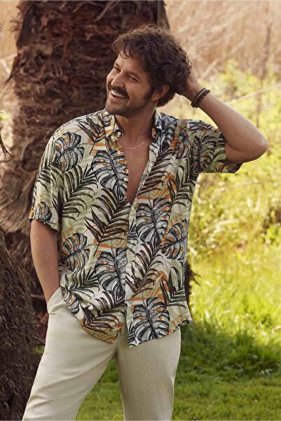 Dufy Haki Erkek Regular Fit Çiçek Desenli Düğmeli Yaka Kısa Kol Gömlek