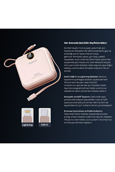 ROSSTECH Rs-400 10.000MAH Ultra Slim 22.5W Pd Dijital Ekranlı Dahili Çift Kablolu Powerbank