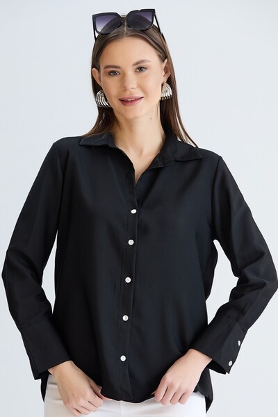 nurneva Дамска черна сатенена блуза с дълги ръкави, редовна кройка, средна дъ...