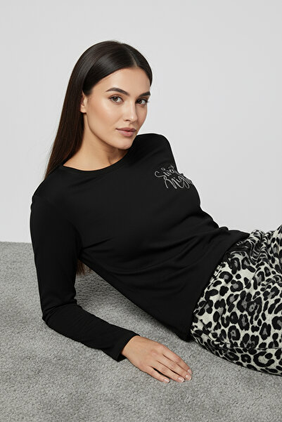 Bravie Σετ πιτζάμες Elite Viscose με σχέδιο έλεφαντα με κείμενο στο επάνω μέρος, μακρύ μαύρο 3551