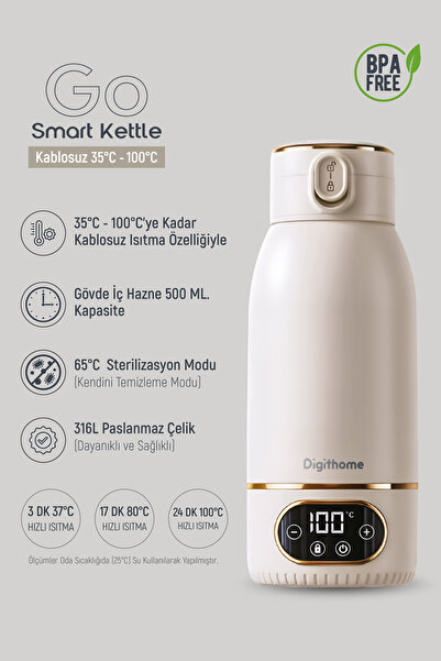 Digithome Go Smart Taşınabilir Mama Su Isıtıcı Ayarlanabilir Dereceli (35-100 C°) Süt Beyazı 500ml