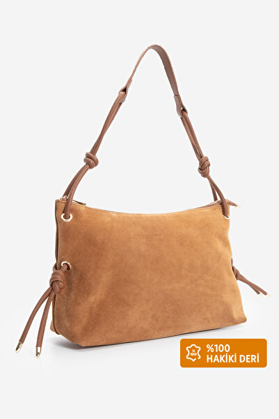 Marjin Γυναικεία τσάντα χεριού και ώμου από γνήσιο δέρμα με εσωτερική τσέπη και φερμουάρ Teroze Taba Suede