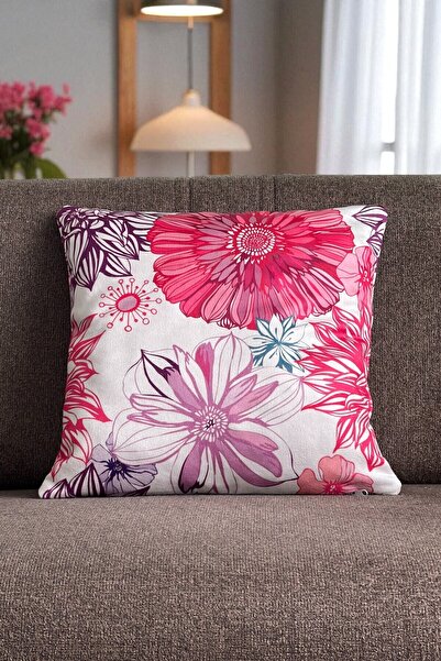 Radora 2 Pieces Pink-Purple Flower Patterned Double Sided Digital Printed Zippered Set of 2 Throw Pillow Covers