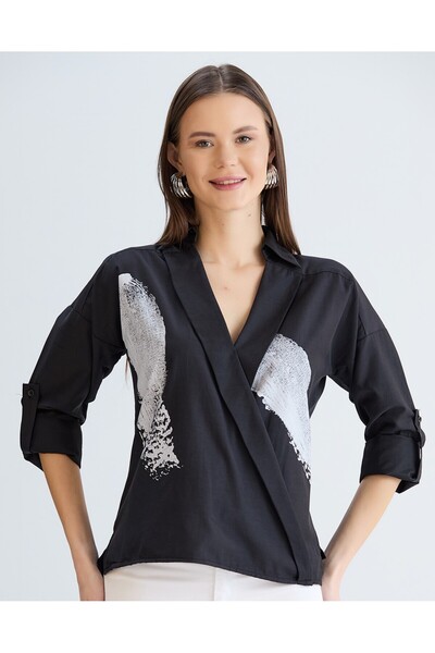 Sortie Cămașă pentru femei, culoare neagră, cu model, cu mâneci scurte, cu cr...