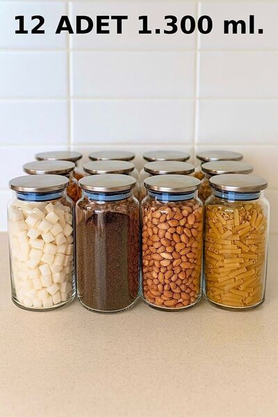 LİNGO HOME 12 Adet 1300 Ml. Vakumlu Metal kapaklı Cam Kavanoz Bakliyatlık Erzak Saklama Kabı