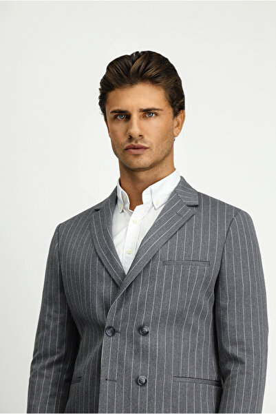 Kiğılı Slim Fit Dar Kesim Çizgili Kruvaze Takım Elbise