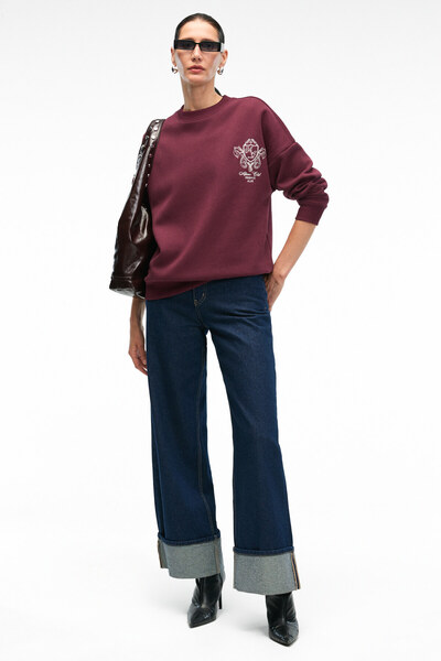 GRIMELANGE Audra Women's Oversize Round Neck Embroidery Detailed Burgundy Sweatshirt