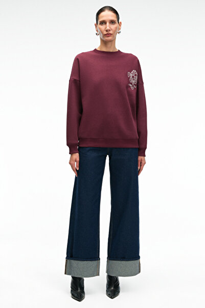 GRIMELANGE Audra Women's Oversize Round Neck Embroidery Detailed Burgundy Sweatshirt
