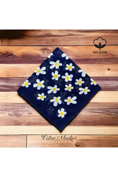 Fular Marketi Navy Blue Unisex Daisy Patterned 100% Cotton Bandana - Add 4 in...