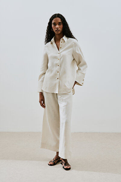 Manuka KETEN GENİŞ MANŞETLİ GÖMLEK TAŞ