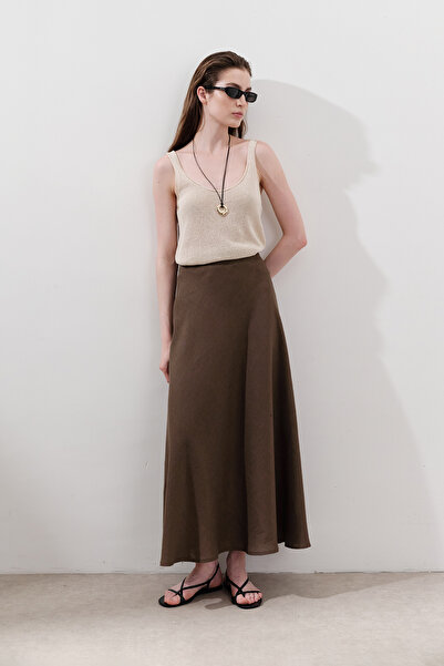 Manuka Linen Stitched Detail Skirt Dusty Brown