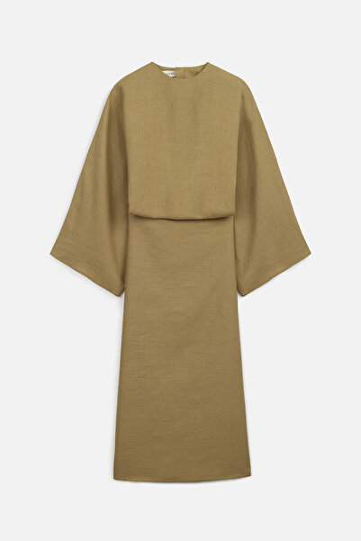 Manuka KETEN GENİŞ BAĞLAMALI ELBİSE KÖRİ