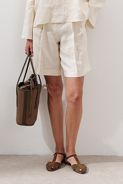 Manuka KETEN PİLELİ BERMUDA ŞORT VANİLYA