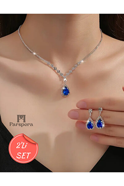 Parspera Gümüş Kaplama Su Yolu Zirkon Damla Taşlı Kolye Küpe Seti 2'Lİ Gelin ...