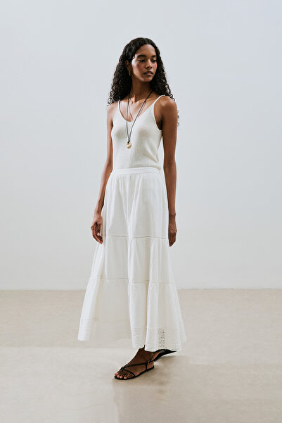 Manuka DOKULU İŞLEMELİ KATLI UZUN ETEK EKRU