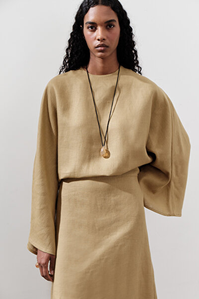 Manuka KETEN GENİŞ BAĞLAMALI ELBİSE KÖRİ