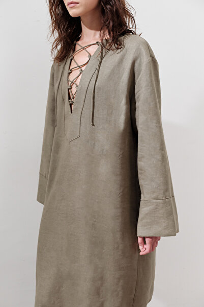 Manuka Linen Binding Detail Dress Khaki
