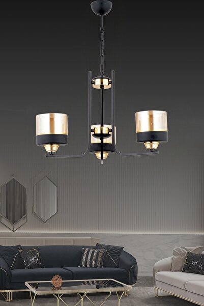 ESSLİGHT Esra 3 Lü Modern Bal Siyah Camlı Salon Yatak Odası Mutfak Genç Odası Avize