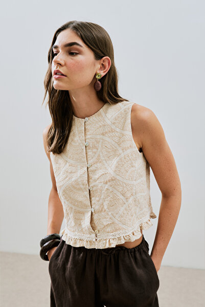 Manuka DOKULU NAKIŞLI YELEK NATURAL