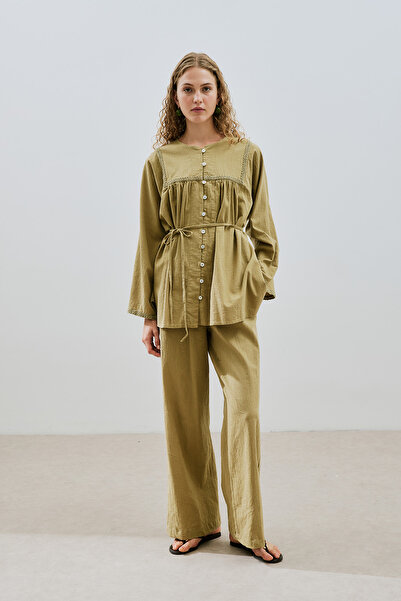 Manuka DOKULU BAĞLAMALI PANTOLON HAKİ