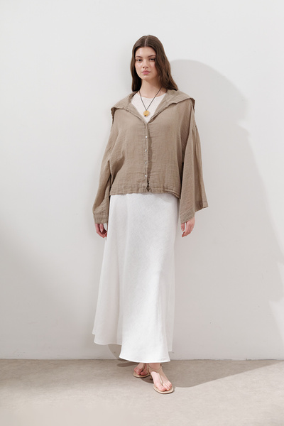 Manuka Linen Mixed Shirt with Wide Collar Khaki