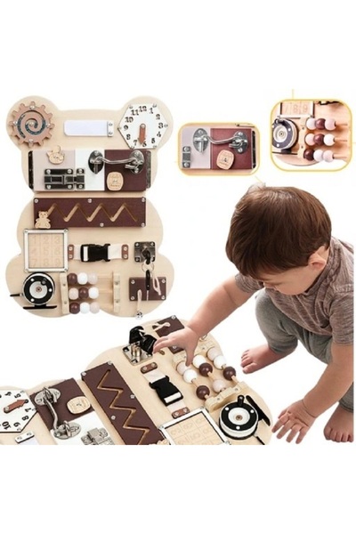 indiggo Tablă senzorială Montessori 14 în 1 din lemn natural - Busy Bear Indiggo®