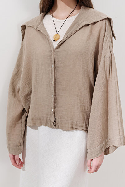Manuka Linen Mixed Shirt with Wide Collar Khaki