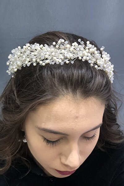 Hayalperest boncuk Incili Ve Şeffaf Cam Kristal Boncuklu Gelin  Kına Tacı