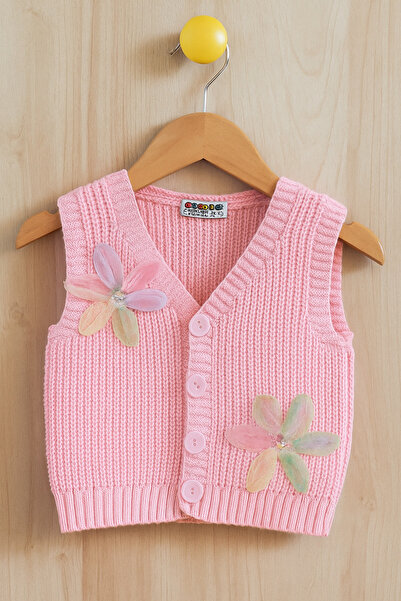 Nimini Kids Yeni Sezon Çiçek Detaylı Düğmeli Triko Selanik Örgü Kız Bebek Çocuk Yelek (0-8 yaş)