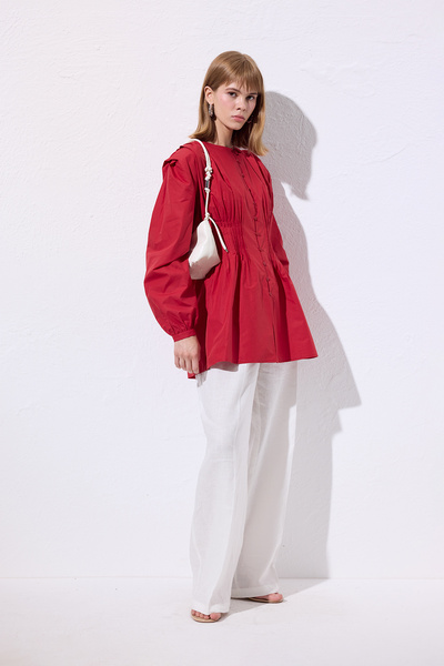 Manuka Belly Pleated Detail Long Sleeve Bluz Red