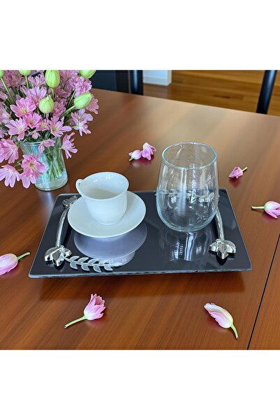Online Home Market 2-Piece Promise or Engagement Ring, Gold-Silver Leaf-Shaped for Coffee Serving. Square-Hexagonal Shaped Glass Tray