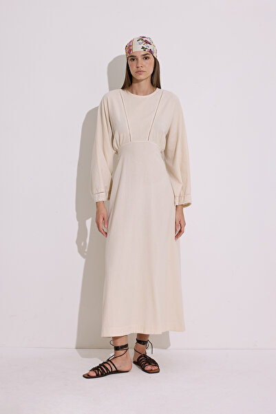 Manuka DOKULU ŞERİT DETAYLI ELBİSE NATURAL