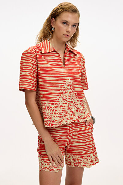 Allyco Floral Embroidery Embroidered Lace-Up Striped Red Beige Blouse