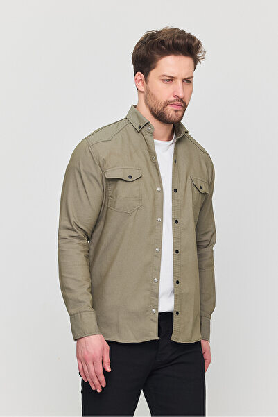 a02teks Ανδρικό τζιν πουκάμισο Slim Fit Ανοιχτό Χακί