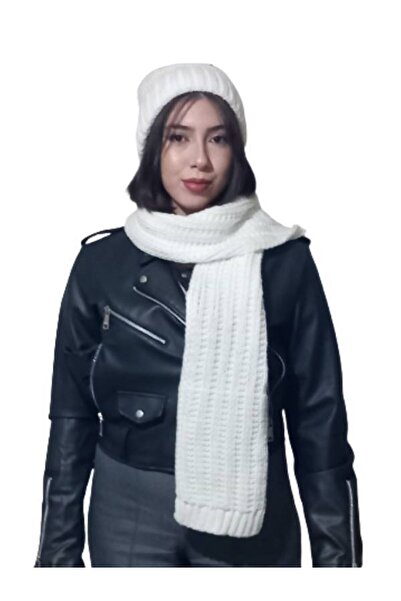 EDWOL Kadın 2 li İkili Atkı Bere Takımı Örgülü Ekru