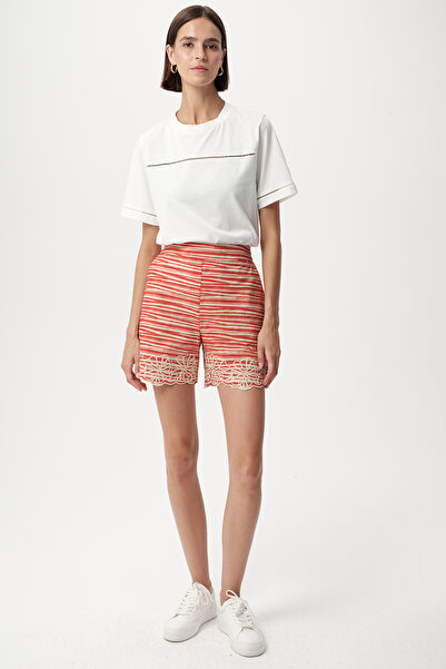 Allyco Floral Embroidery Embroidered Pocket Striped Red Beige Shorts