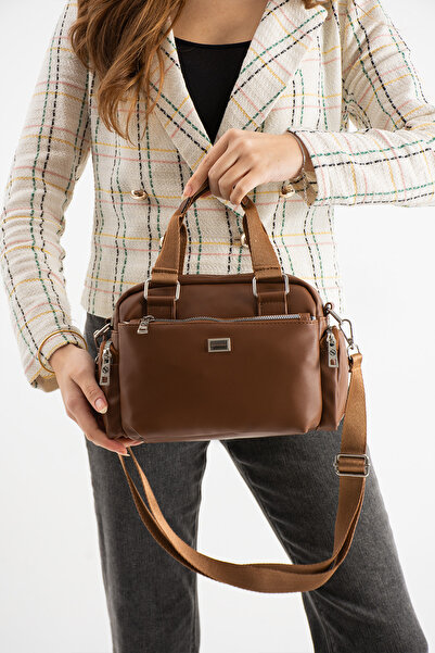 Sanmorris Women's Multi-Compartment Adjustable Crossbody Strap Tan Matte Hand and Shoulder Bag