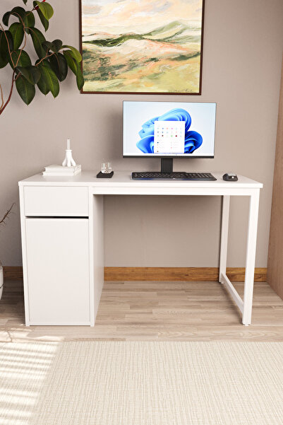 Flinder Beyaz 60X120 CM Çalışma Masası, Bilgisayar Masası, Ofis Masası Çekmeceli, Dolaplı, Raflı