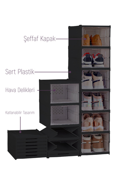 Trend Maison Katlanabilir Portatif 6 Katlı Ayakkabılık Plastik Ayakkabı Düzenleyici Organizer Siyah